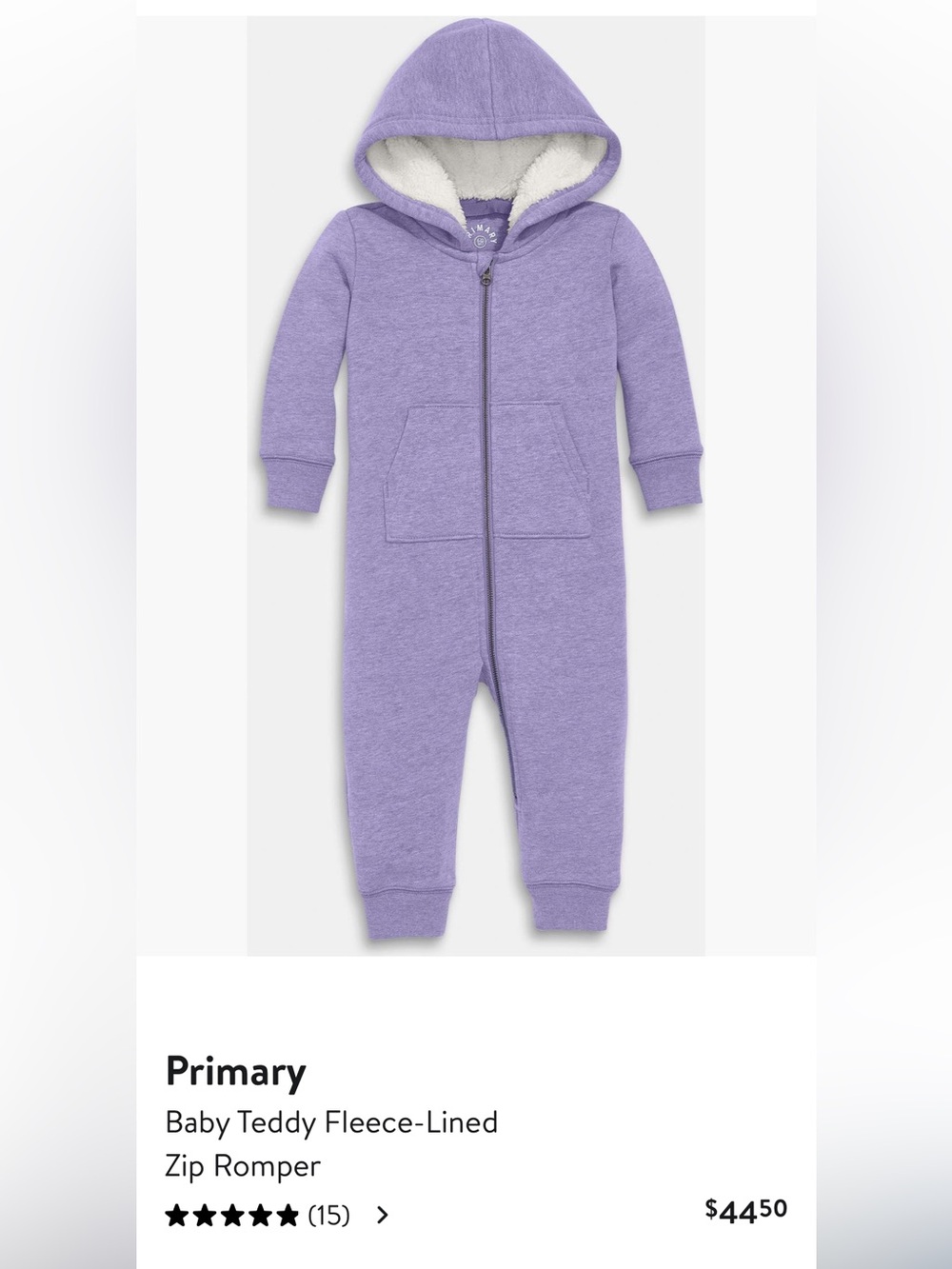 Primary Baby Teddy Fleece-Lined Zip Romper NWT 0-3 months